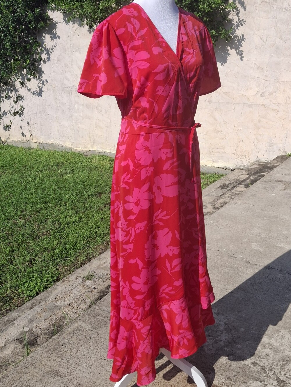 Tropical Floral Wrap Dress Maxi Pink Red Tie Waist Short Sleeve Women Size Small - Picture 6 of 14